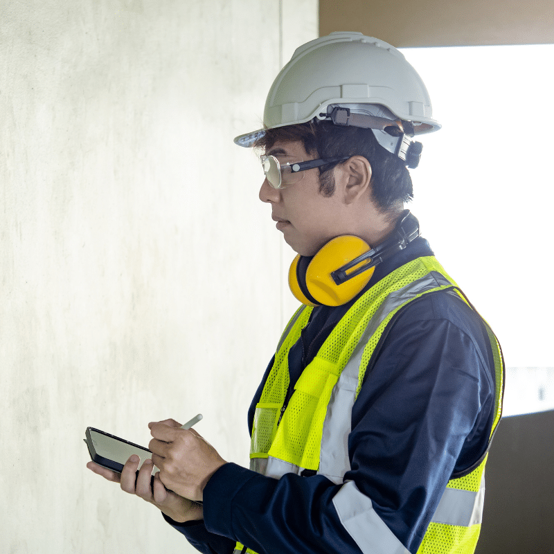 Person carrying out an inspection. They have a hard hat, high vis, and ear defenders.