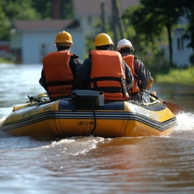 Rescue team navigating a flooded residential street in an inflatable raft