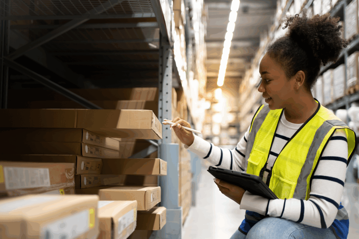 Person taking stock in a warehouse