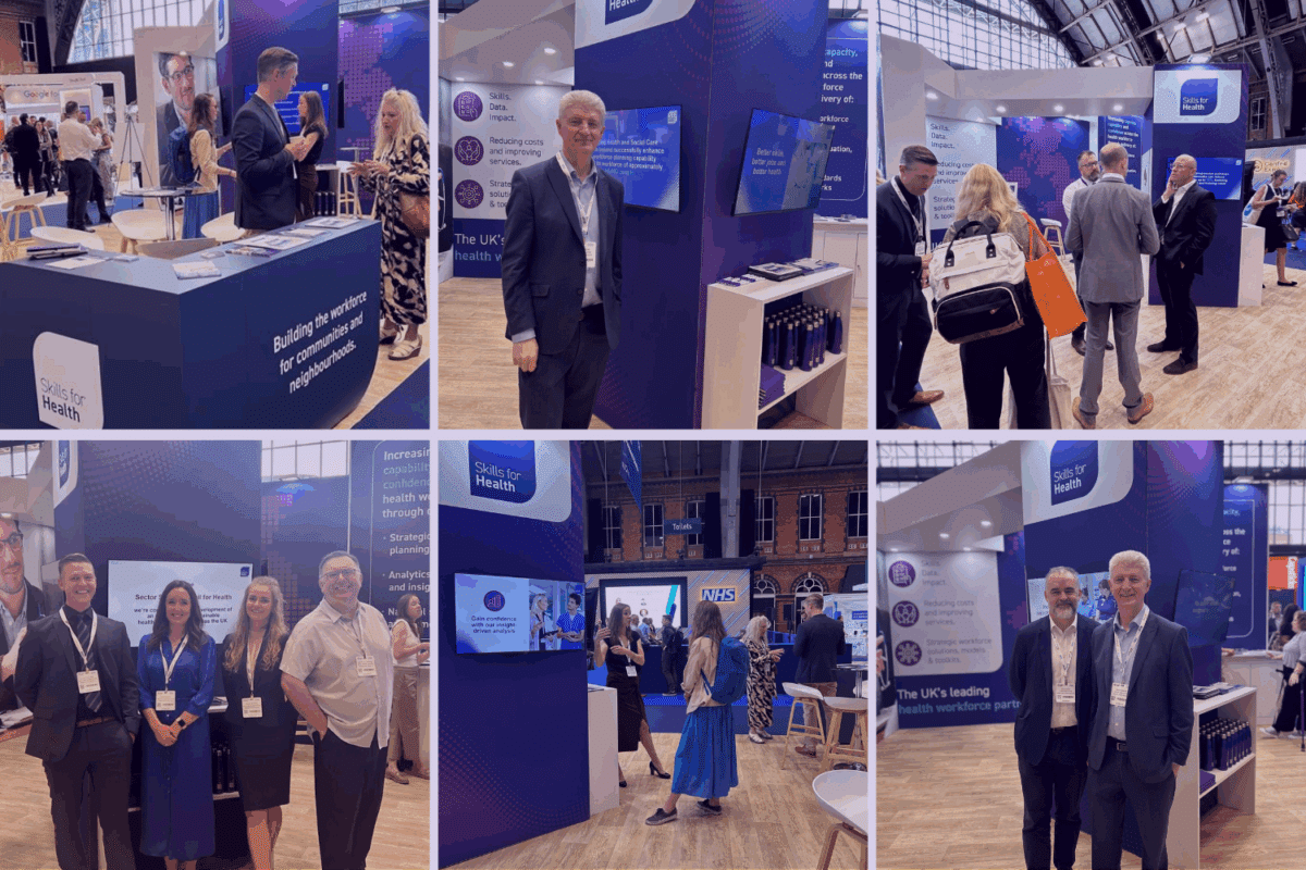 6 pictures of different members of staff networking with delegates at the ConfedExpo 2025 Skills for Health booth