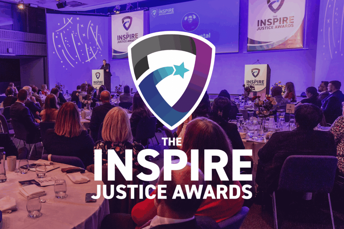 The Inspire Justice Awards logo overlayed on an photo from the 2024 Inspire Justice Awards ceremony