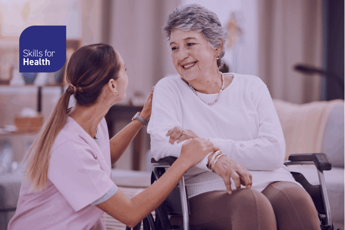 Wheelchair disability, rehabilitation and nurse volunteer at nursing home for charity work. Healthcare, support and caregiver with senior women for medical help, elderly care and consulting patient