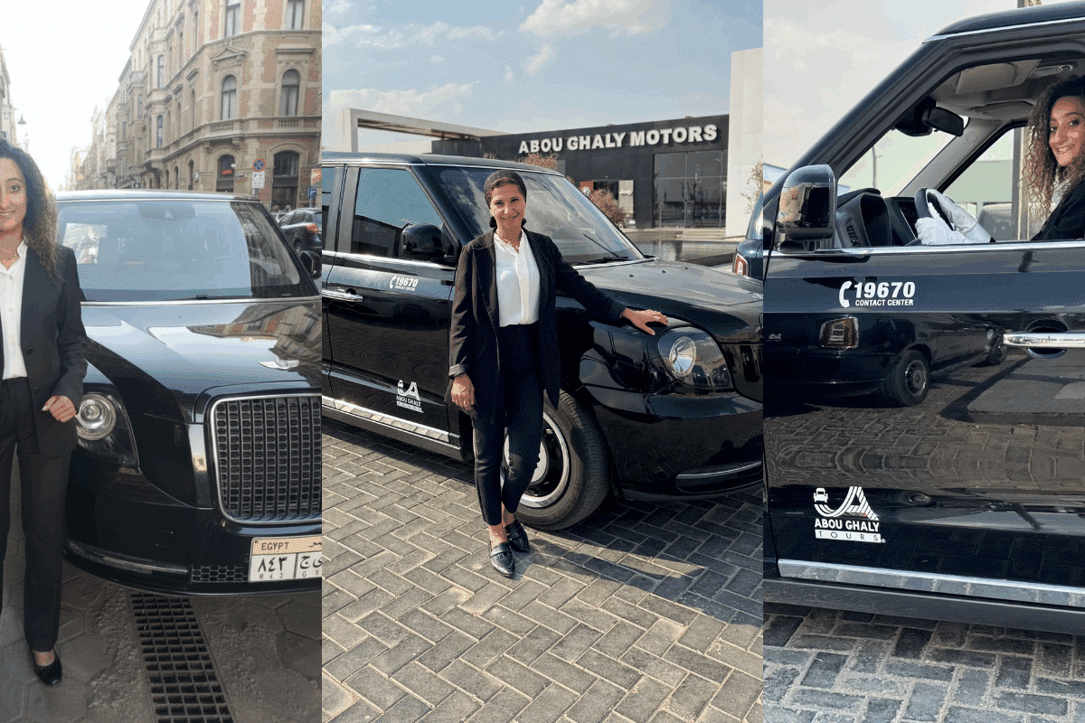 3 pictures of women pictured in or in front of a black cab