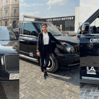 3 pictures of women pictured in or in front of a black cab
