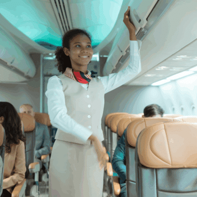 Female flight attendant closing an overhead locker on a plane
