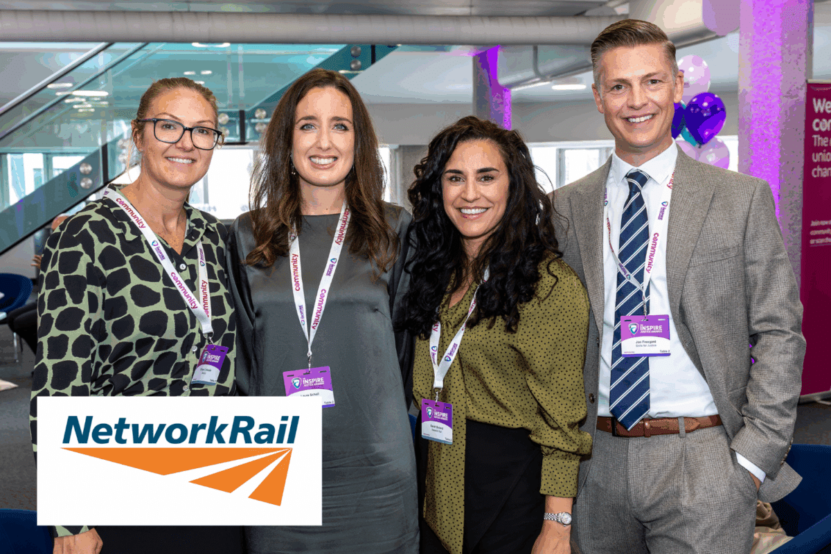 Network Rail team with Skills for Justice staff at the Inspire Justice Awards. Network Rail logo is overlayed on image.