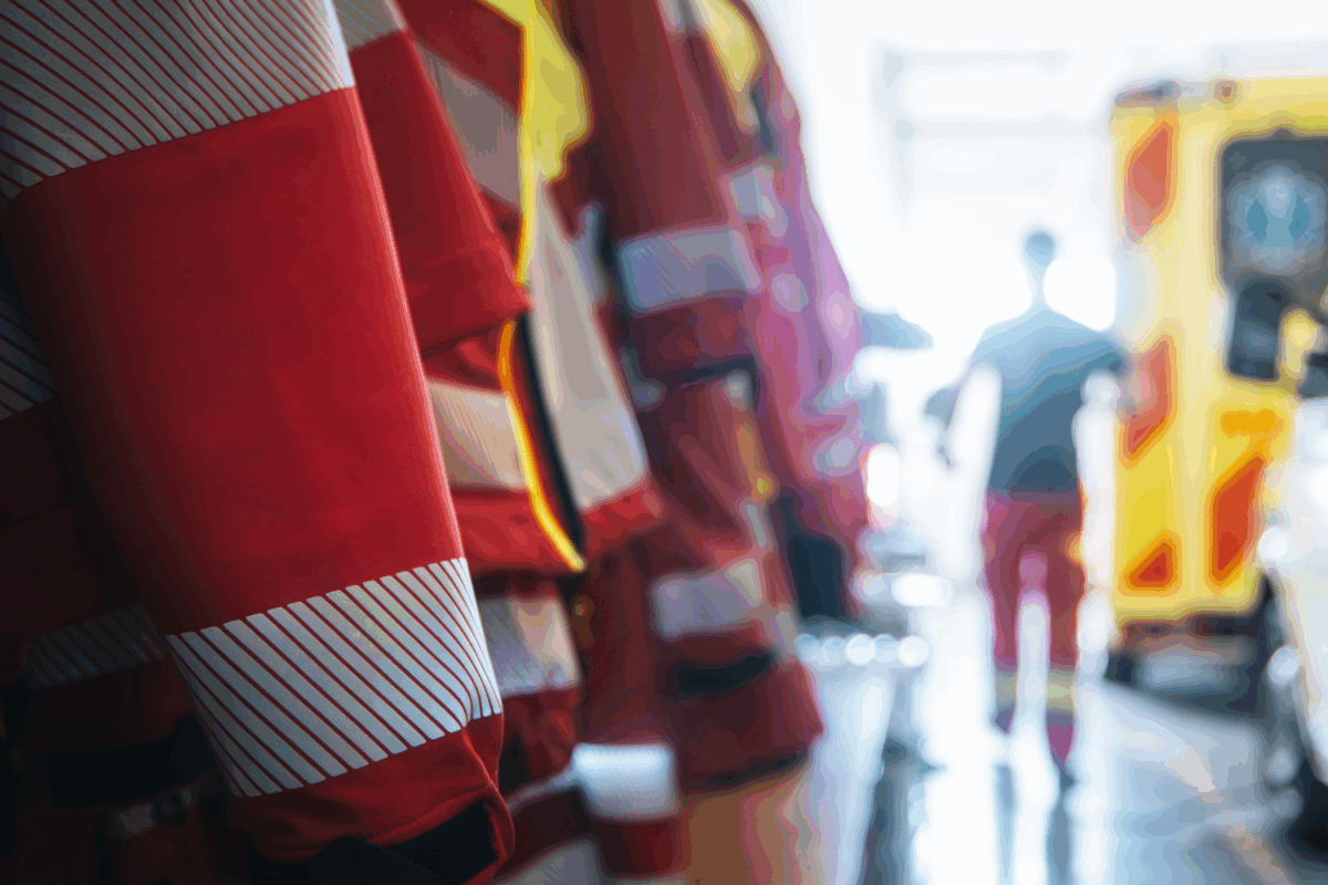 Close up image of emergency response uniform hung up in ambulance depot
