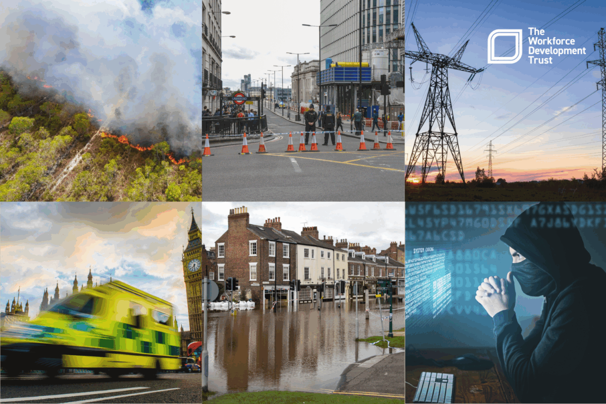 Images of fire in forrest, blocked road, energy towers, ambulance rushing in london, a blooded city, and a hacker