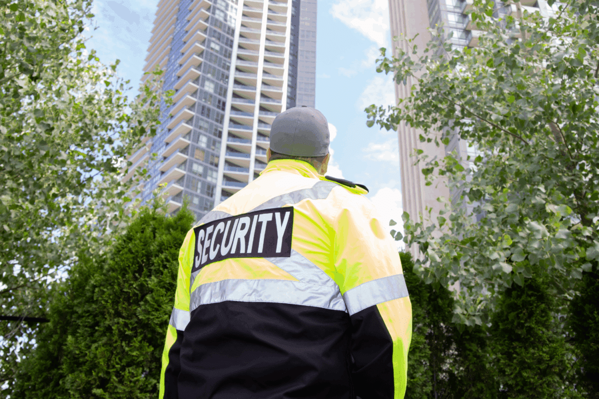 Back of a security guard, who is looking up at some high rise buildings