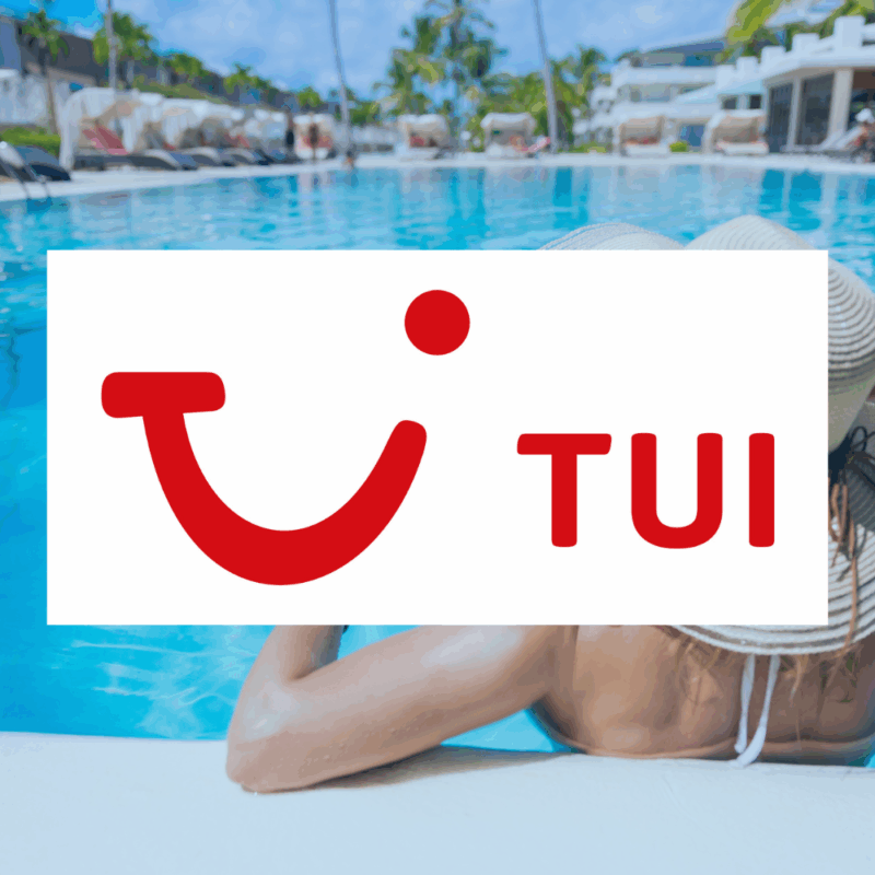 Woman in a hotel pool with a sunhat. TUI logo is overlayed.