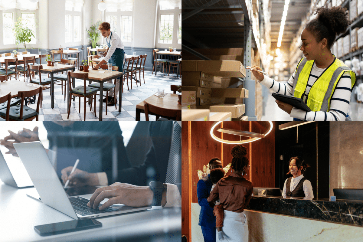 Various workplaces - cafe, warehouse, office and hotel