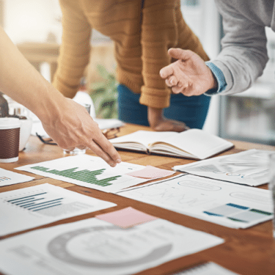 business meeting with analytics in office