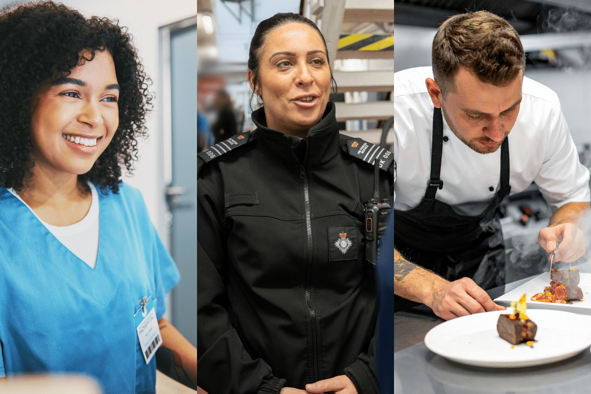 Three images combined - one of a healthcare worker, one a prison officer and one a professional chef