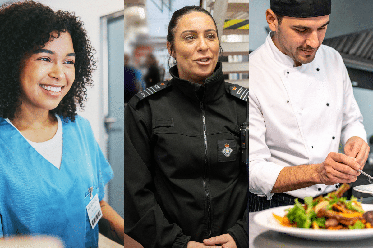 Three images combined - one of a healthcare worker, one a prison officer and one a professional chef