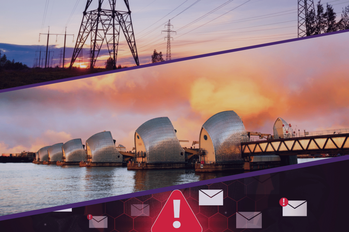 Various resilience-related images - large pylons, Thames Flood Barrier, and warning triangle for cyber attack.