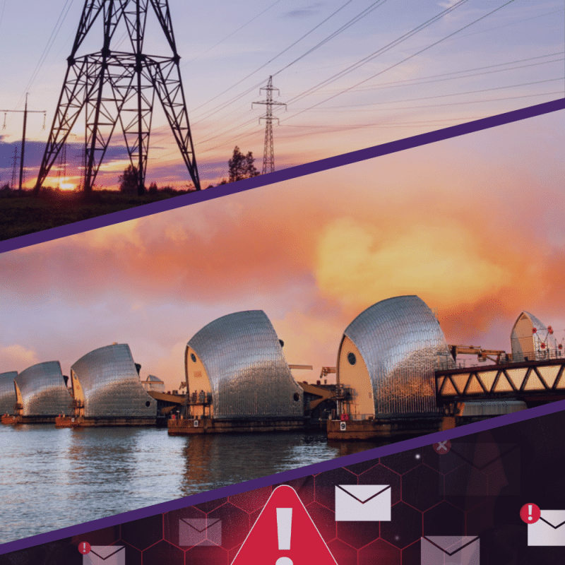 Various resilience-related images - large pylons, Thames Flood Barrier, and warning triangle for cyber attack.