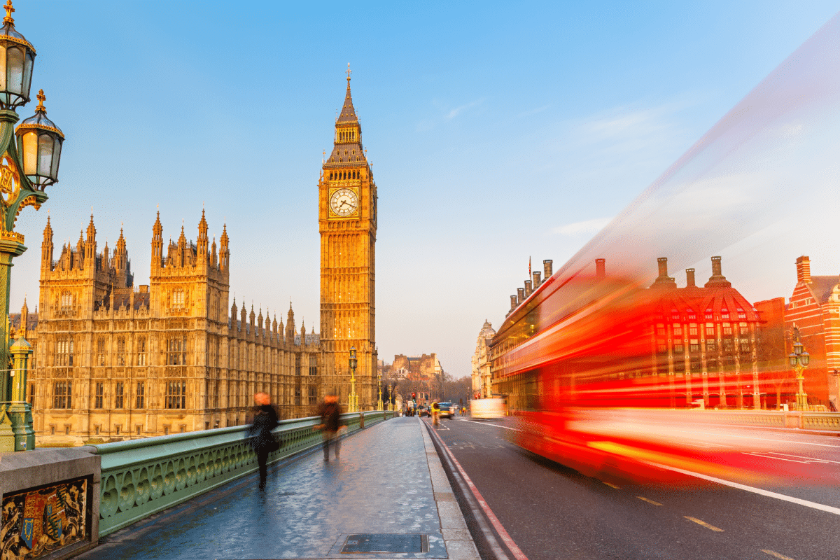 Big Ben and red double-decker in London, UK