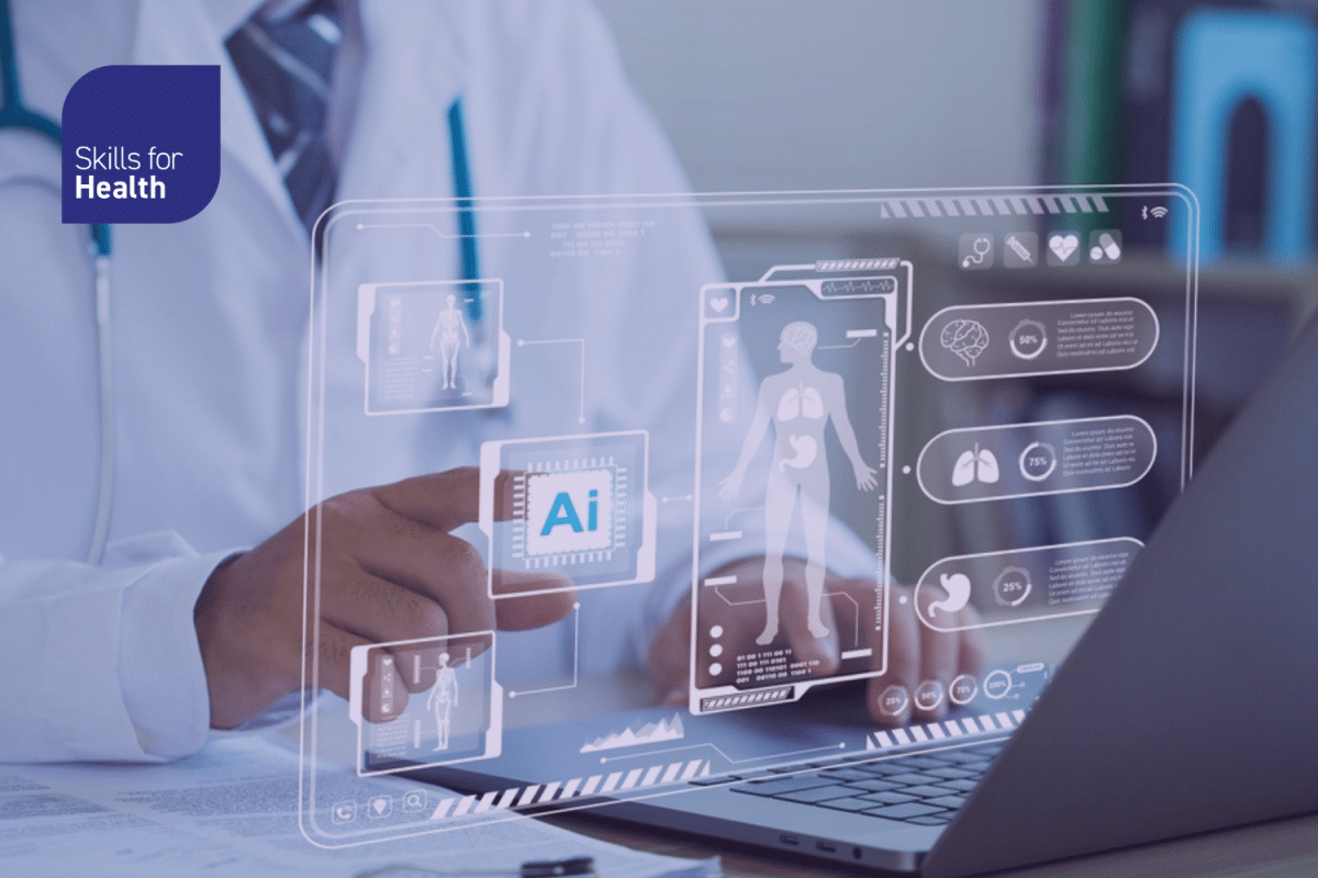 healthcare professional on computer demonstrating use of AI concept