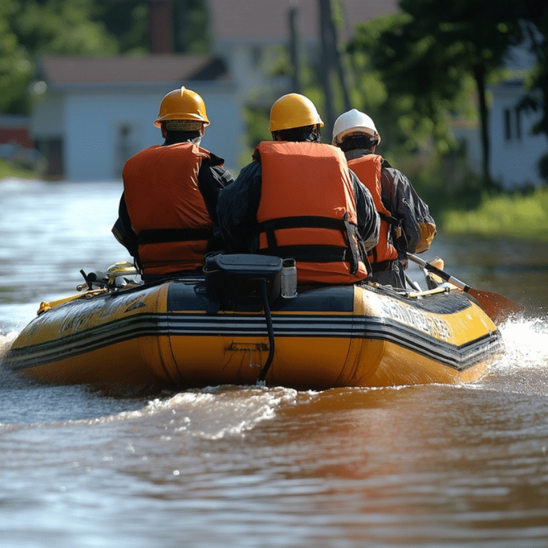 Emergency rescue team in boat rescuing people from a flood