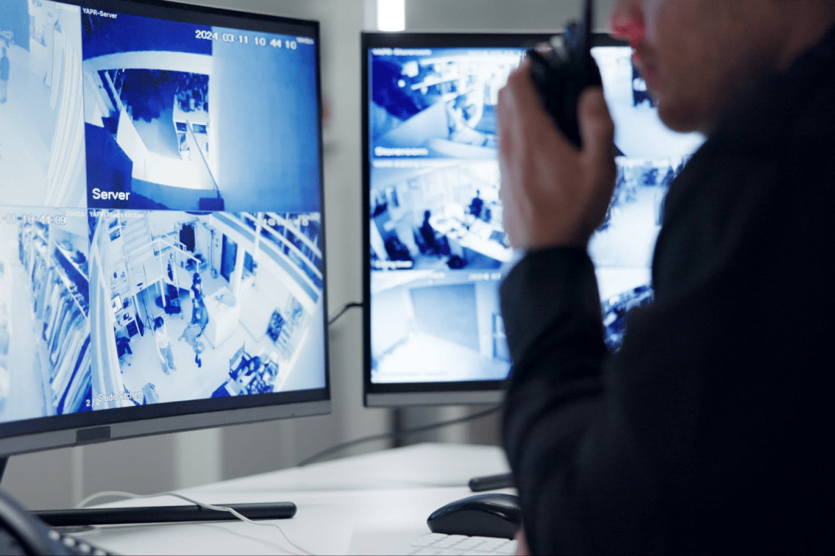 Security guard reviewing CCTV footage