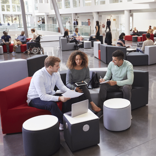 Students sat together in a university building