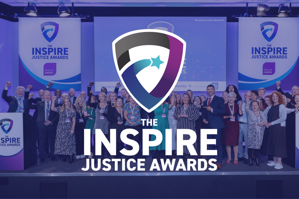 The Inspire Justice Awards logo overlayed on a photo of a previous year's finalists